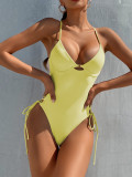 Solid Deep V  Underwired Lace-Up One Piece Swimwear