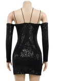 Sexy Sequin Side Slit Straps Mini Dress with Sleeves