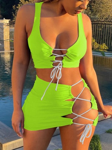 Sexy Lace Up Sleeveless Crop Top and Mini Skirt Outfits