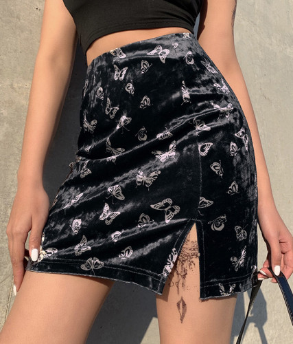 Summer Butterfly Print Side Slit Mini Velvet Skirt