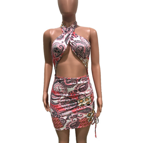 Sexy Halter Print Strings Ruched Bodycon Dress
