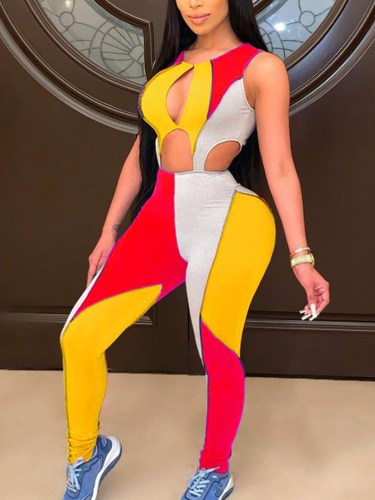 Color Splicing Sleeveless Cutout Bodycon Jumpsuit