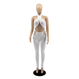 Solid Cross Halter Neck Crop Top and Pants Sexy Matching Set