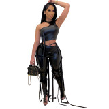 Fashion PU Leather Irregular Crop Top and Strappy Pants Set