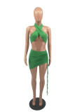 Green Halter Crop Top and Ruched Mini Skirt Set