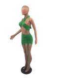 Green Halter Crop Top and Ruched Mini Skirt Set