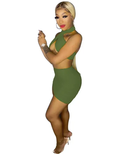 Green Halter Crop Top and Ruched Mini Skirt Set