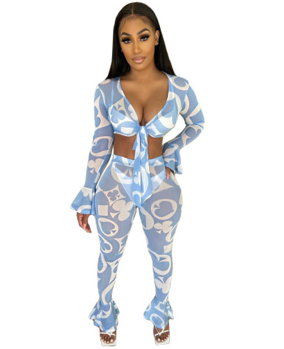Poker Print Tie Front Crop Top and Flare Pants Set