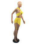 Yellow Halter Crop Top and Ruched Mini Skirt Set