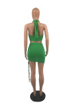 Green Halter Crop Top and Ruched Mini Skirt Set