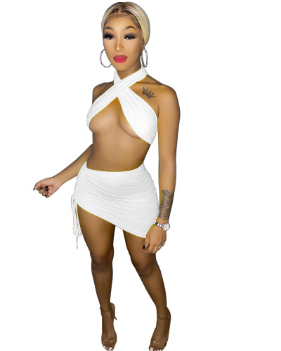 White Halter Crop Top and Ruched Mini Skirt Set