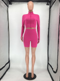 Ribbed Embroidered Letter Long Sleeve Zipper Crop Top and Shorts Soprts Suits