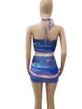 Print Blue Halter Bra Top and Ruched Mini Skirt