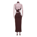 Coffee Cross Halter Neck Crop Top and Cutout Long Skirt Set