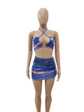 Print Blue Halter Bra Top and Ruched Mini Skirt