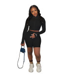 Ribbed Embroidered Letter Long Sleeve Zipper Crop Top and Shorts Soprts Suits