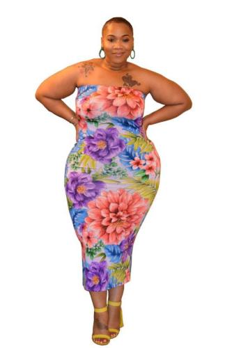 Plus Size Floral Print Strapless Bodycon Dress