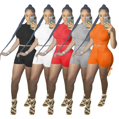 Ruched Solid Crop Tank Top and High Waist Shorts Set