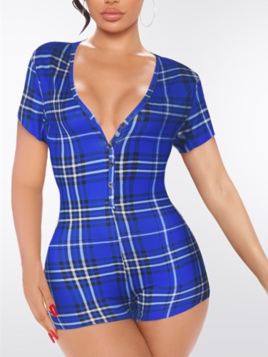 Sexy V Neck Button Plaid Slinky Rompers