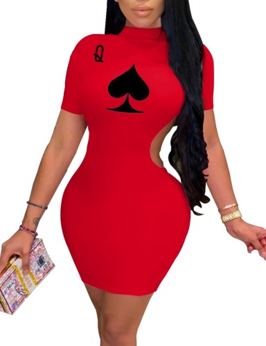 Sexy Poker Print Cutout Short Sleeve Bodycon Dress