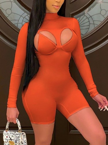 Pure Color Sexy Cutout Long Sleeve Tight Rompers