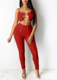 Plain Sexy Lace-Up Crop Cami Top and High Waist Ruched Pants Set