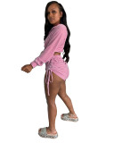 Pink Velvet Zip Up Hoodie and Drawstring Shorts Set