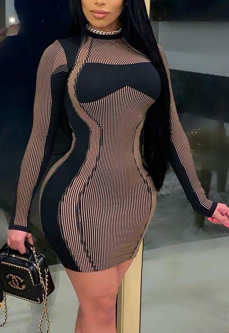 Contrast Mock Neck Long Sleeve Slinky Mini Dress