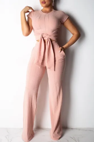Plain Ribbed Tie Waist Crop Top and Wide Leg Pants Set