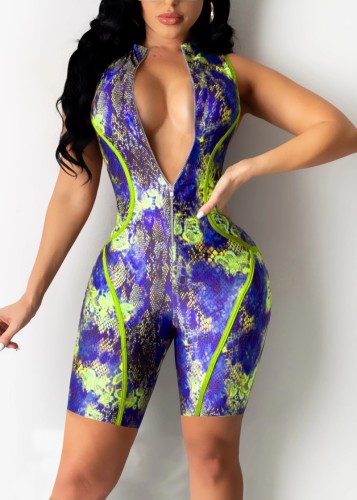 Snakeskin Colorful Sleeveless Zip Front Bodycon Rompers