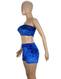 Blue Velvet Bandeau Top and Shorts Two Piece Outfits
