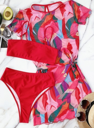 Sexy Solid Swimwear with Print Cover Up Dress 3PCS