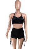 Solid Ruched Halter Bra and Drawstrings Shorts Sports Suits