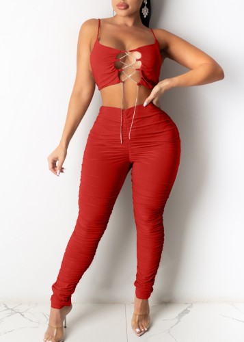 Plain Sexy Lace-Up Crop Cami Top and High Waist Ruched Pants Set