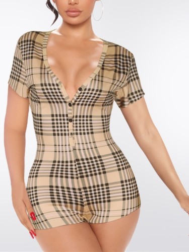 Sexy V Neck Button Plaid Slinky Rompers