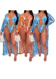 Print Cut Out Sexy One Piece Swimsuit with Cover Up 2PCS Swimwear