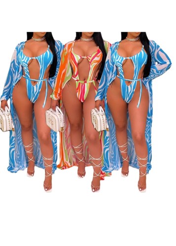 Print Cut Out Sexy One Piece Swimsuit with Cover Up 2PCS Swimwear