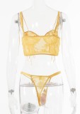 Sexy Yellow Floral Lace Up Bra and Pantie Lingerie Set