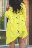 Splash Ink Print Yellow Irregular Loose Top and Shorts Matching Outfits