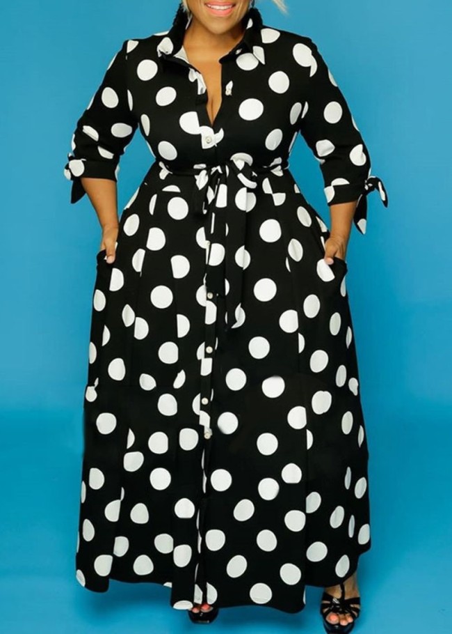 Plus Size Polka Dot Button Up Maxi Shirt Dress