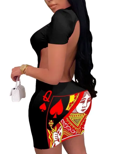 Sexy Poker Print Cutout Short Sleeve Bodycon Dress