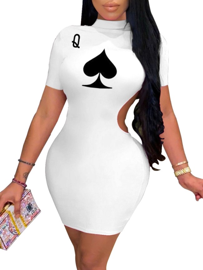 Sexy Poker Print Cutout Short Sleeve Bodycon Dress
