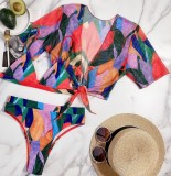 High Cut Bikini Set with Short Sleeve Cover Up 3PCS Swimwear