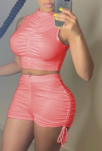 Pink Sleeveless Ruched Crop Top and Drawstrings Shorts Outfits