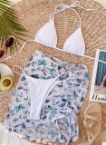 White Bikini Set with Butterfly Cover Up Skirt 3PCS Set