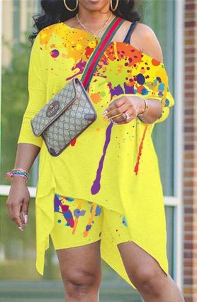 Splash Ink Print Yellow Irregular Loose Top and Shorts Matching Outfits