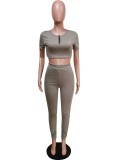 Ribbed Zipper Crop Top and Pants Two Piece Set