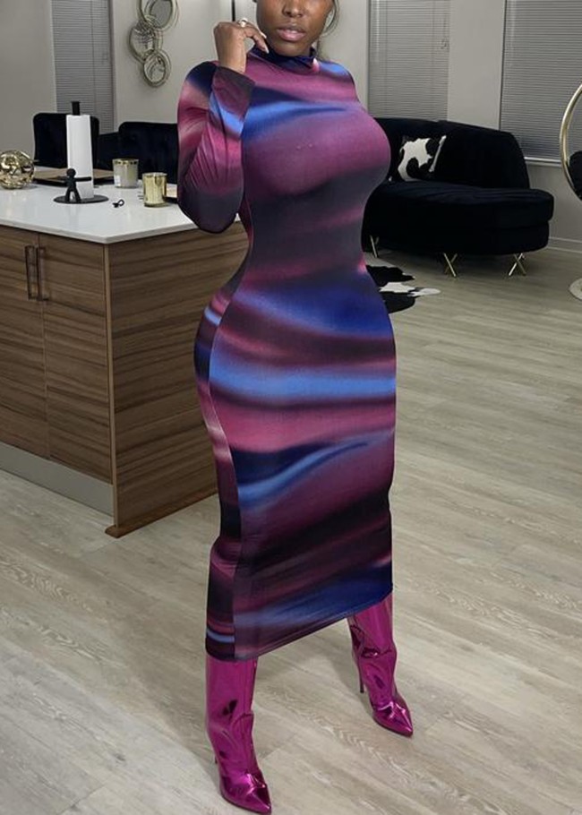 Colorful Gradient Long Sleeve Long Curvy Dress
