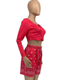 Plain Zipped Long Sleeve Crop Top and Paisley Print Shorts Set