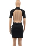 Sexy Solid Backless Short Sleeve Bodycon Mini Dress